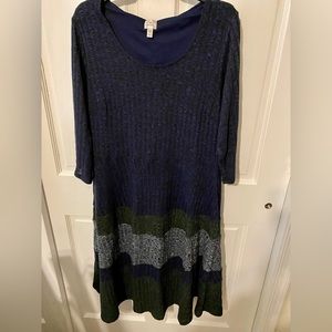 DRESS BARN size 1X Blue/Gray/Green Striped Sweater Dress